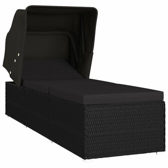 Ligbed met luifel en kussen poly rattan zwart