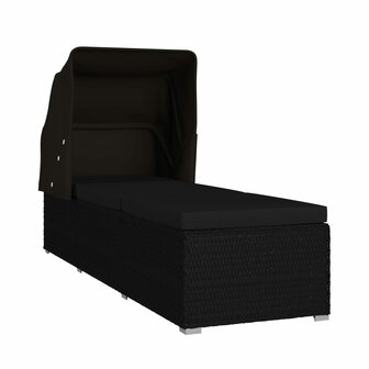 Ligbed met luifel en kussen poly rattan zwart