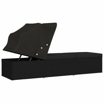Ligbed met luifel en kussen poly rattan zwart