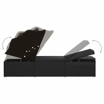 Ligbed met luifel en kussen poly rattan zwart