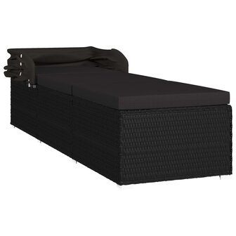 Ligbed met luifel en kussen poly rattan zwart