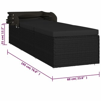 Ligbed met luifel en kussen poly rattan zwart