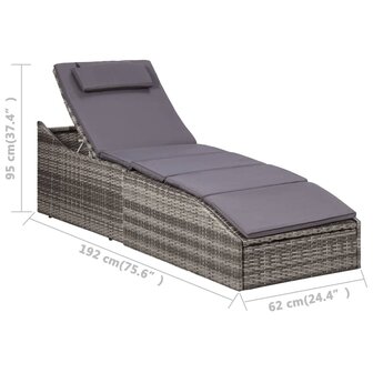 Ligbed met kussen poly rattan grijs