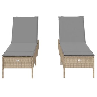 Ligstoelen 2 st met kussens poly rattan beige