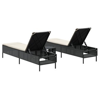 3-delige Ligbeddenset met kussens poly rattan zwart