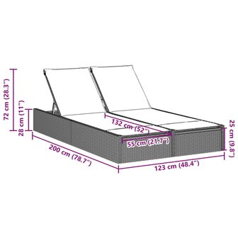 Ligbed 2-persoons met kussens poly rattan zwart