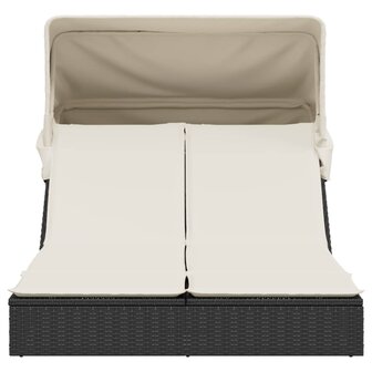 Ligbed 2-persoons met luifel en kussens poly rattan zwart