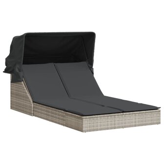 Ligbed 2-persoons met luifel en kussens poly rattan lichtgrijs