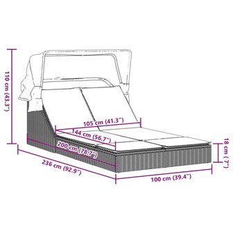 Ligbed 2-persoons met luifel en kussens poly rattan lichtgrijs