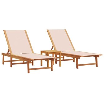 Ligbedden 2 st met tafel massief acaciahout en textileen cr&egrave;me