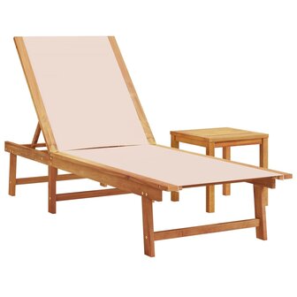 Ligbedden 2 st met tafel massief acaciahout en textileen cr&egrave;me