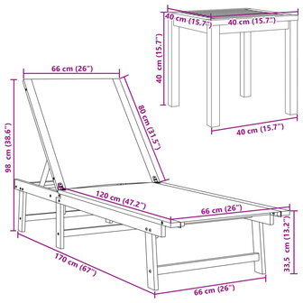 Ligbedden 2 st met tafel massief acaciahout en textileen cr&egrave;me