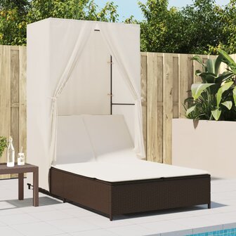 Ligbed tweepersoons met dak en gordijn poly rattan bruin
