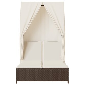 Ligbed tweepersoons met dak en gordijn poly rattan bruin