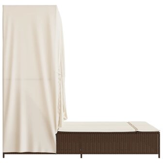 Ligbed tweepersoons met dak en gordijn poly rattan bruin