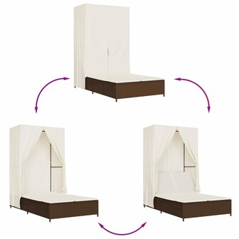 Ligbed tweepersoons met dak en gordijn poly rattan bruin