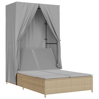 Ligbed tweepersoons met dak en gordijn poly rattan beige
