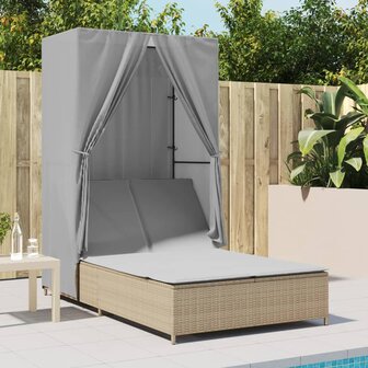 Ligbed tweepersoons met dak en gordijn poly rattan beige