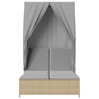 Ligbed tweepersoons met dak en gordijn poly rattan beige