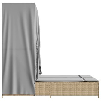 Ligbed tweepersoons met dak en gordijn poly rattan beige