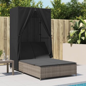 Ligbed tweepersoons met dak en gordijn poly rattan grijs