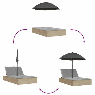 Ligbed 2-persoons met kussens en parasol poly rattan beige