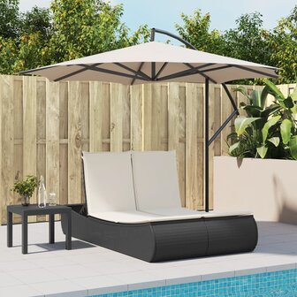 Ligbed 2-persoons met kussens poly rattan zwart