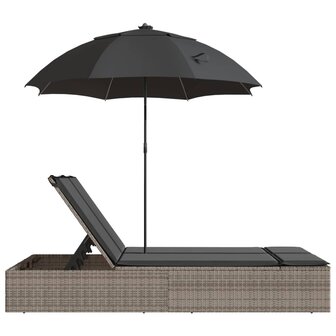 Ligbed 2-persoons met kussens en parasol poly rattan grijs