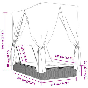 Ligbed tweepersoons met dak en gordijn poly rattan lichtgrijs