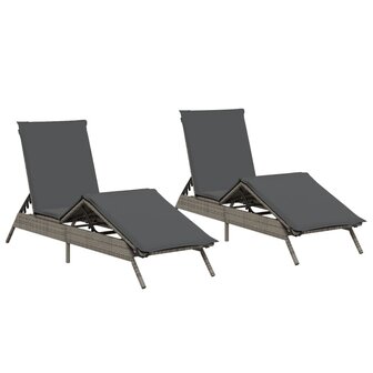 Ligstoelen 2 st met kussens poly rattan grijs