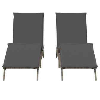 Ligstoelen 2 st met kussens poly rattan grijs