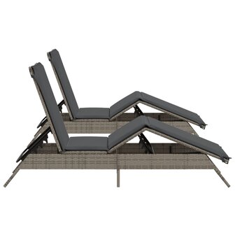 Ligstoelen 2 st met kussens poly rattan grijs
