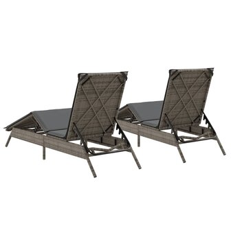 Ligstoelen 2 st met kussens poly rattan grijs