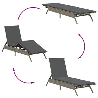 Ligstoelen 2 st met kussens poly rattan grijs