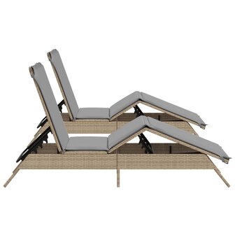 Ligstoelen 2 st met kussens poly rattan beige