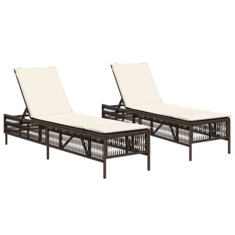 Ligstoelen 2 st met kussens poly rattan bruin