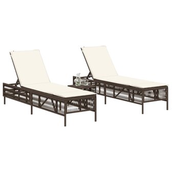 Ligstoelen 2 st met kussens poly rattan bruin