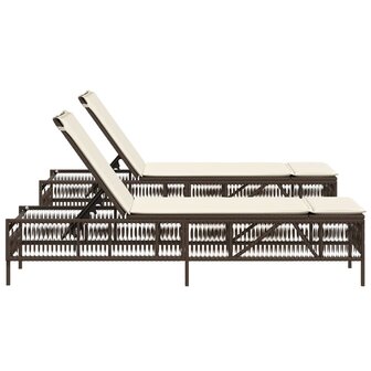 Ligstoelen 2 st met kussens poly rattan bruin