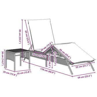 Ligbedden 2 st met tafel poly rattan grijs (alleen VS)