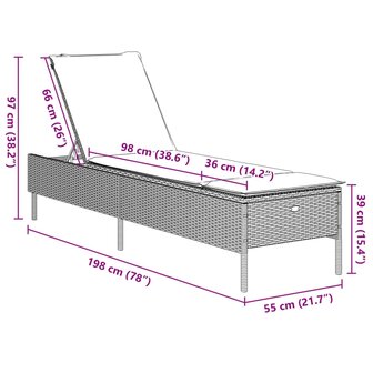 Ligbed met kussen poly rattan grijs