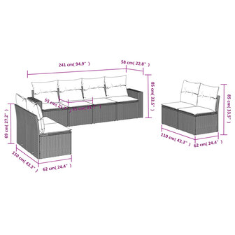 8-delige Loungeset met kussens poly rattan zwart