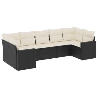 7-delige Loungeset met kussens poly rattan zwart