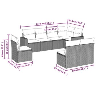 8-delige Loungeset met kussens poly rattan zwart