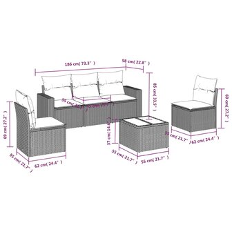 6-delige Loungeset met kussens poly rattan zwart
