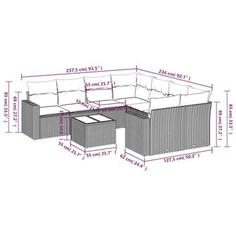 9-delige Loungeset met kussens poly rattan beige