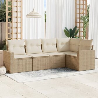 5-delige Loungeset met kussens poly rattan beige