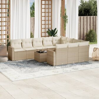 11-delige Tuinset met kussens poly rattan beige