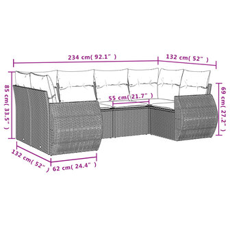 6-delige Loungeset met kussens poly rattan zwart