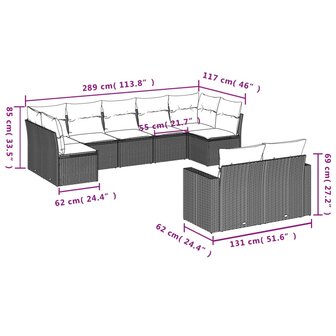 9-delige Loungeset met kussens poly rattan grijs