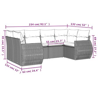 6-delige Loungeset met kussens poly rattan zwart